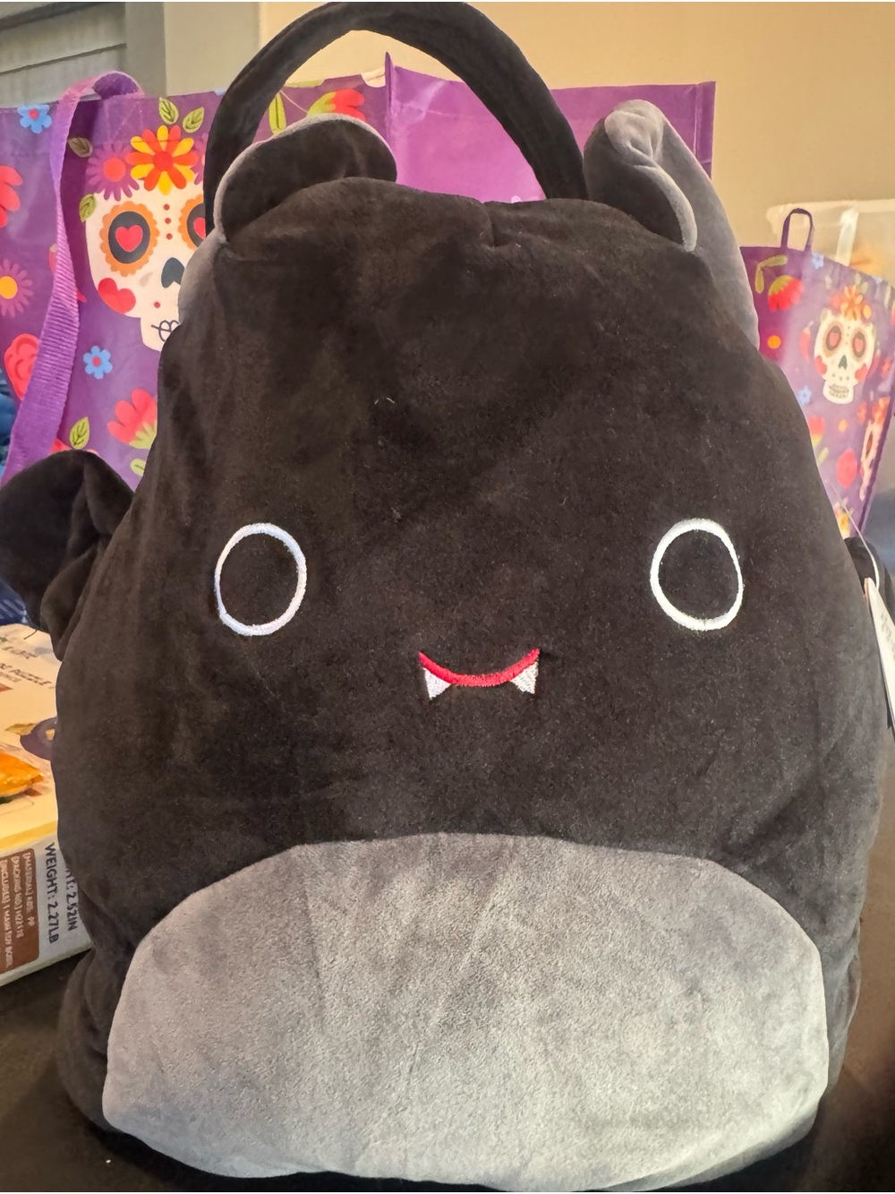 Squishmallows Black Bat Plush Candy Bucket for Halloween with Gray Belly